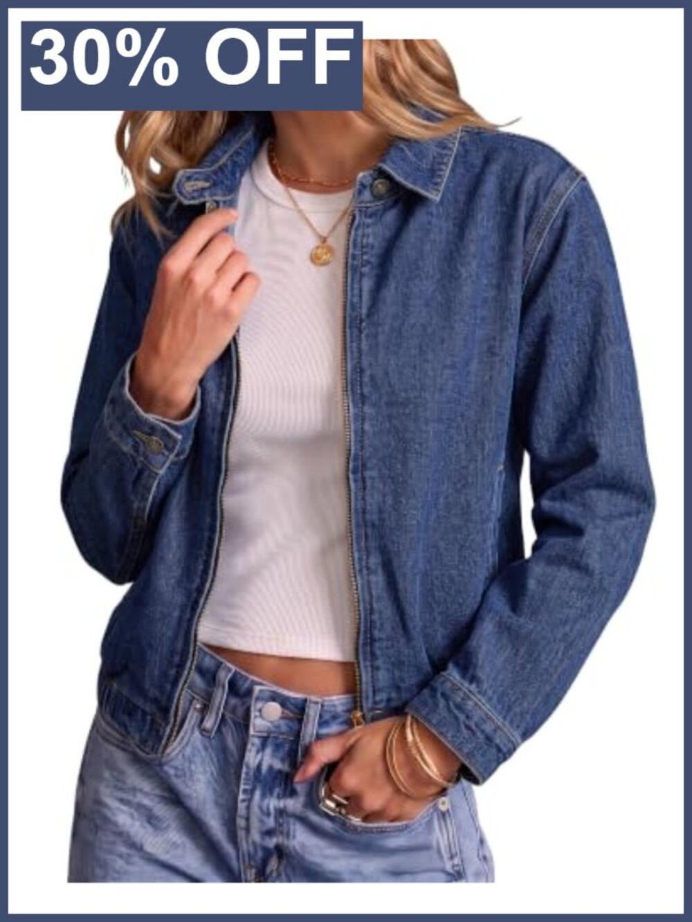 Oversized Zip Up Bomber Denim Jacket Cropped Non-Stretch Casual